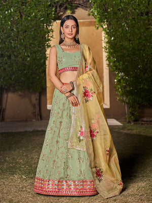Rajwada Light Green Georgette Embellished Semi Stitched Lehenga With Unstitched Blouse For Women