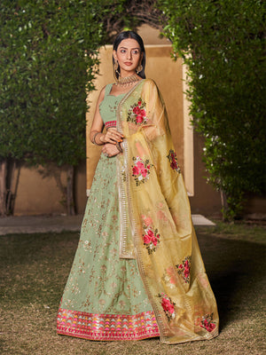 Rajwada Light Green Georgette Embellished Semi Stitched Lehenga With Unstitched Blouse For Women