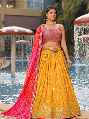 Rajwada Yellow Georgette Embellished Semi Stitched Lehenga With Unstitched Blouse For Women