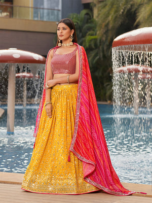 Rajwada Yellow Georgette Embellished Semi Stitched Lehenga With Unstitched Blouse For Women