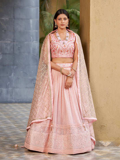 Rajwada Light Pink Art Silk Embellished Semi Stitched Lehenga With Unstitched Blouse For Women