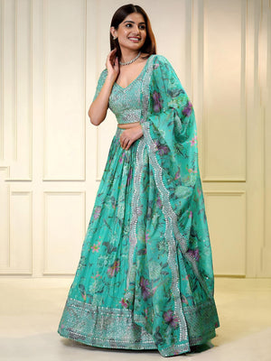 Rajwada Teal Green Georgette Embellished Semi-Stitched Lehenga For Women