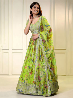 Rajwada Lime Green Georgette Embellished Semi-Stitched Lehenga For Women