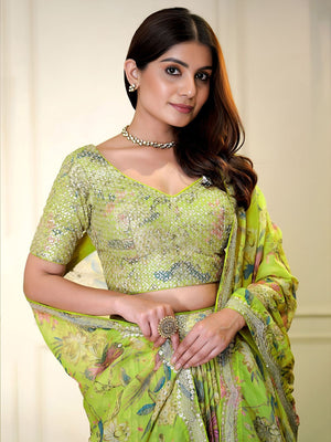 Rajwada Lime Green Georgette Embellished Semi-Stitched Lehenga For Women