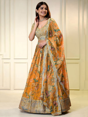 Rajwada Orange Georgette Embellished Semi-Stitched Lehenga For Women