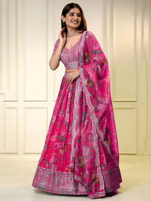 Rajwada Dark Pink Georgette Embellished Semi-Stitched Lehenga For Women