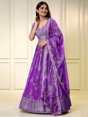 Rajwada Purple Georgette Embellished Semi-Stitched Lehenga For Women