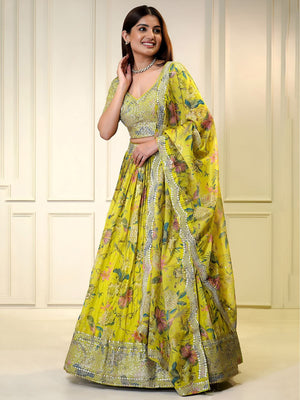 Rajwada Lime Yellow Georgette Embellished Semi-Stitched Lehenga For Women