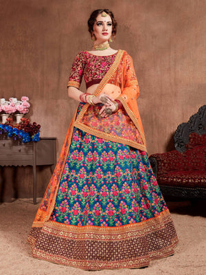 Rajwada Blue Silk Blend Embroidered Semi Stitched Lehenga With Blouse For Women
