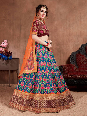 Rajwada Blue Silk Blend Embroidered Semi Stitched Lehenga With Blouse For Women