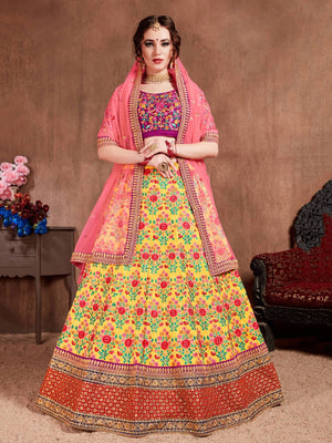 Rajwada Yellow Silk Blend Embroidered Semi Stitched Lehenga With Blouse For Women