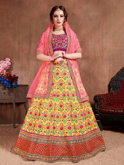 Rajwada Yellow Silk Blend Embroidered Semi Stitched Lehenga With Blouse For Women