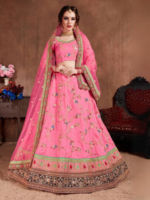 Rajwada Pink Silk Blend Embroidered Semi Stitched Lehenga With Blouse For Women