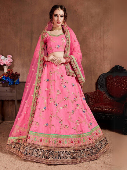 Rajwada Pink Silk Blend Embroidered Semi Stitched Lehenga With Blouse For Women