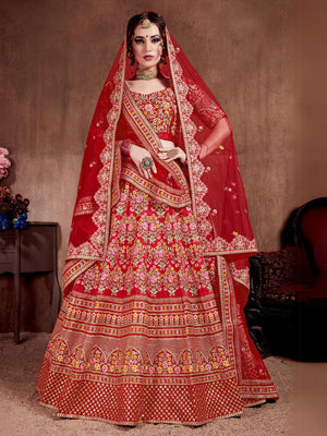 Rajwada Red Silk Blend Embroidered Semi Stitched Lehenga With Blouse For Women