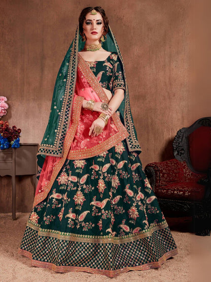 Rajwada Green Silk Blend Embroidered Semi Stitched Lehenga With Blouse For Women