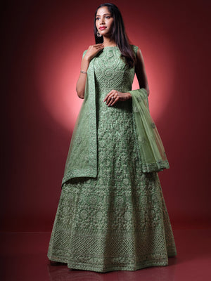 Rajwada Women Green Net Embroidered Stitched Gown