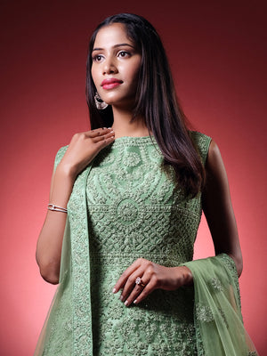 Rajwada Women Green Net Embroidered Stitched Gown