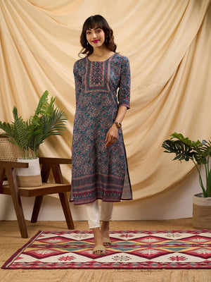 Rajwada Teal Linen Printed Stitched Kurta for Women