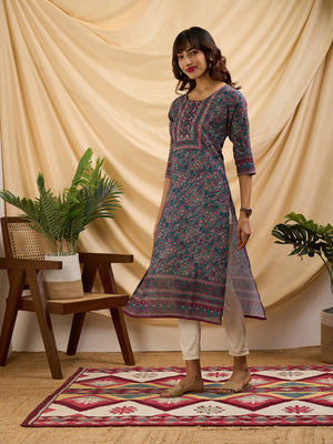 Rajwada Teal Linen Printed Stitched Kurta for Women