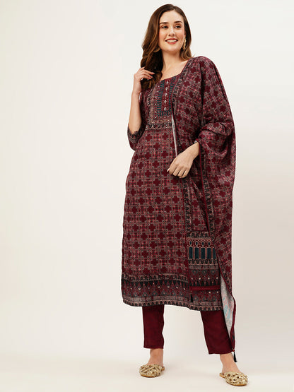 Rajwada Women Maroon Printed Linen Stitched Kurta Set