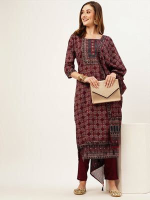 Rajwada Women Maroon Printed Linen Stitched Kurta Set