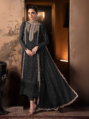 Rajwada Black Georgette Embroidered Semi-Stitched Kurta Set For Women