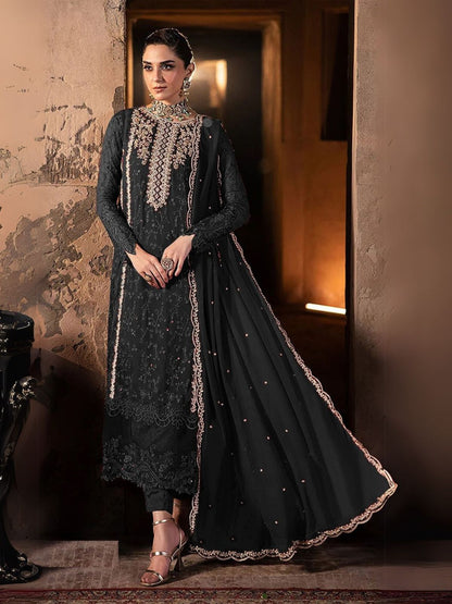 Rajwada Black Georgette Embroidered Semi-Stitched Kurta Set For Women