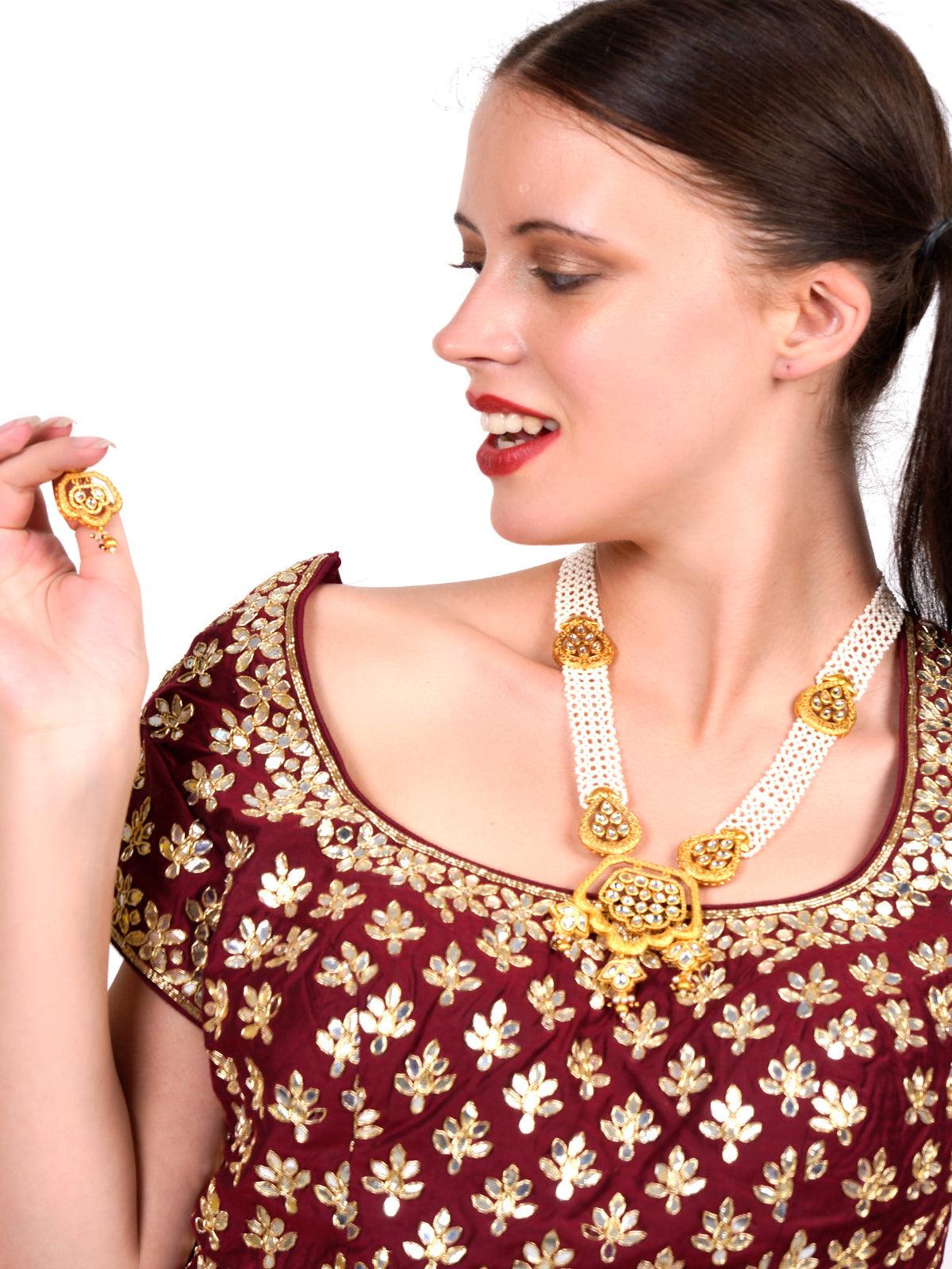 Ancient semiprecious kundan & pearl choker with earrings - Rajwada
