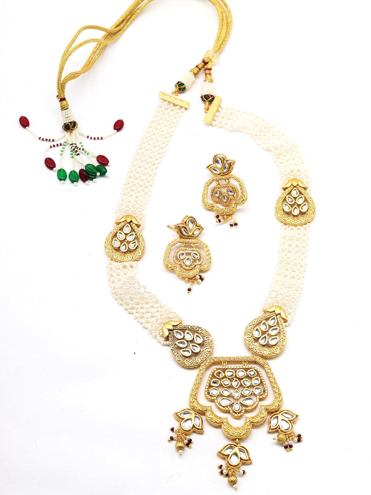 Ancient semiprecious kundan & pearl choker with earrings - Rajwada