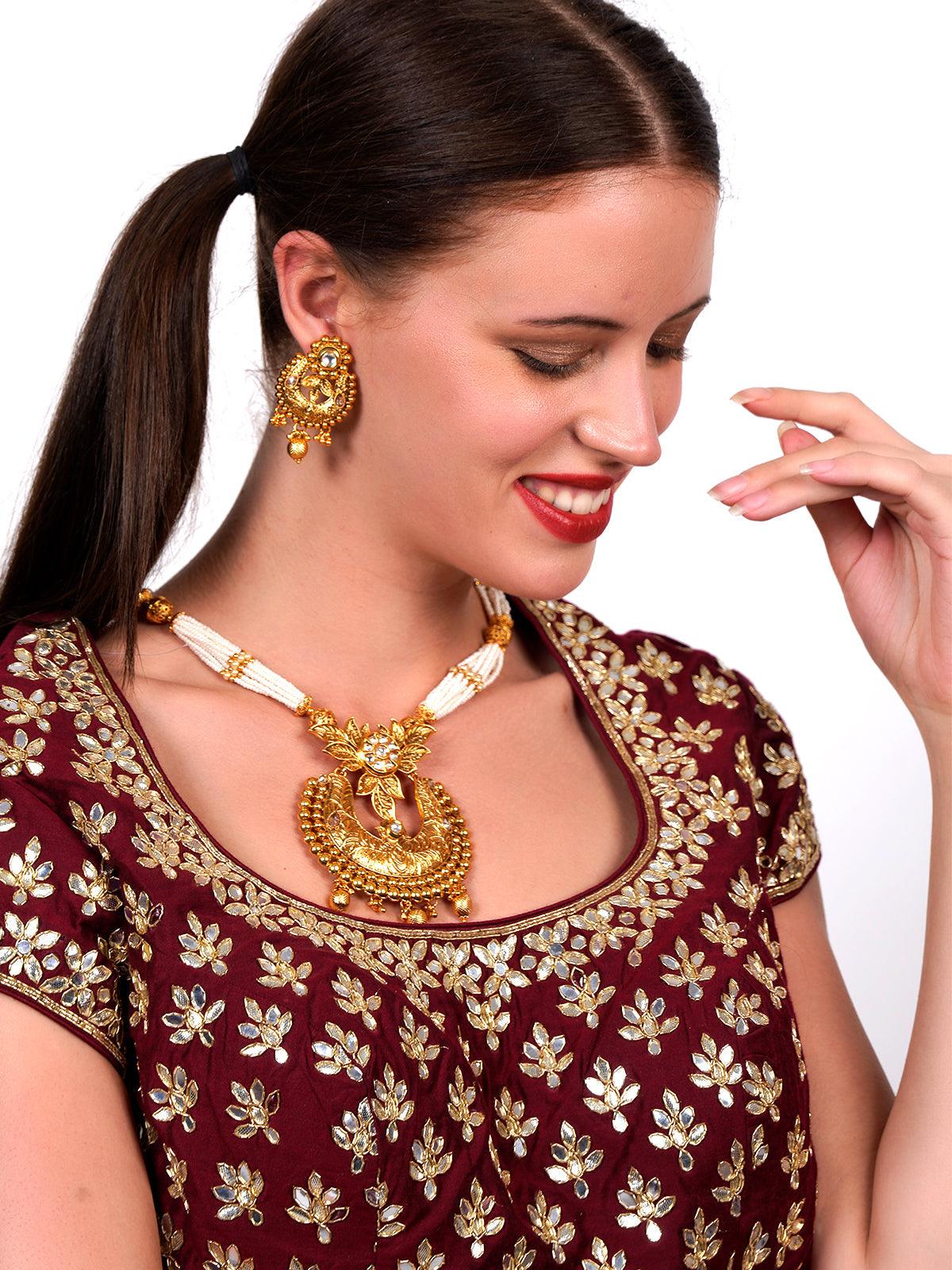 Antique dense faux pearl necklace with earrings - Rajwada