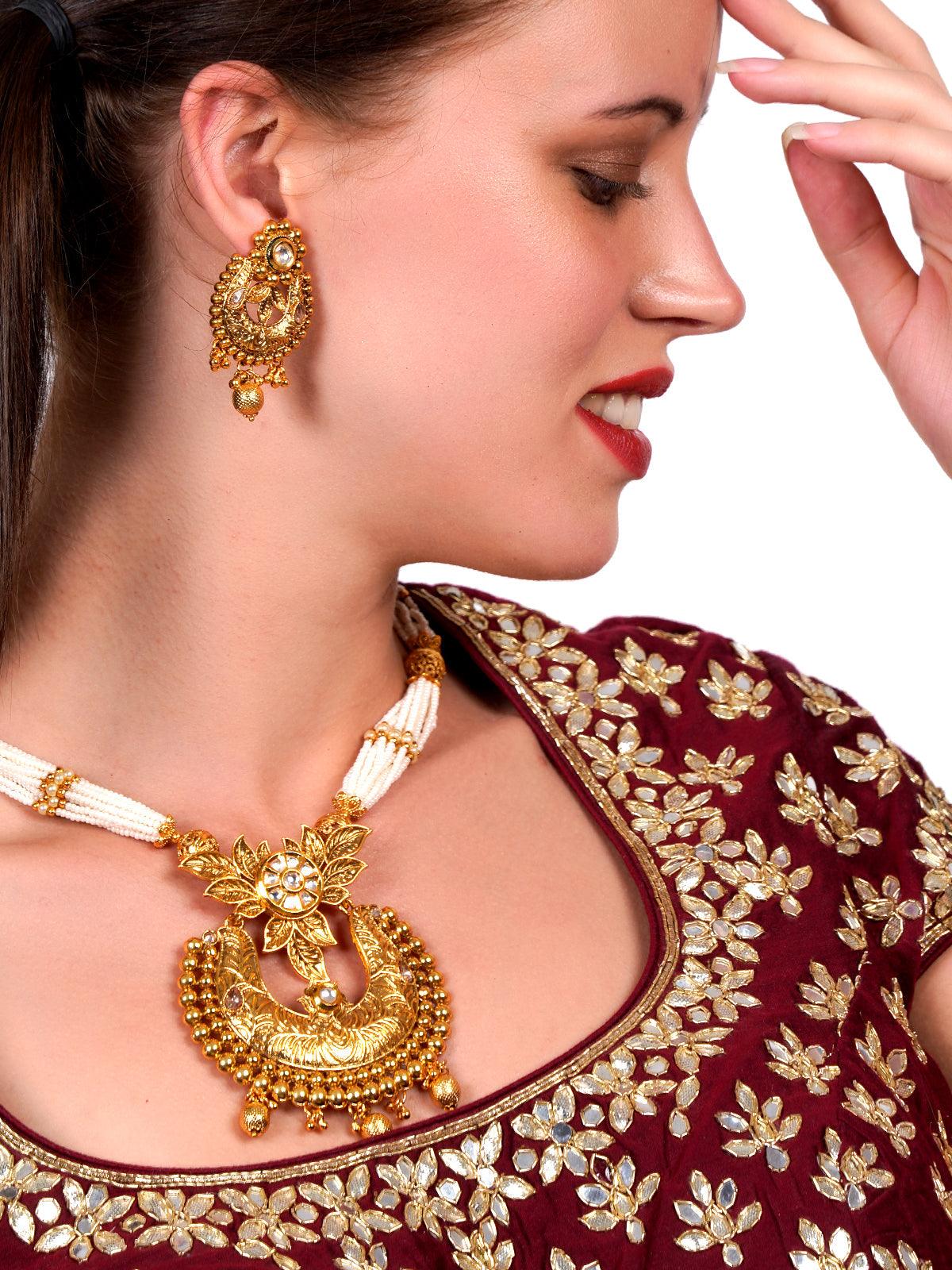 Antique dense faux pearl necklace with earrings - Rajwada