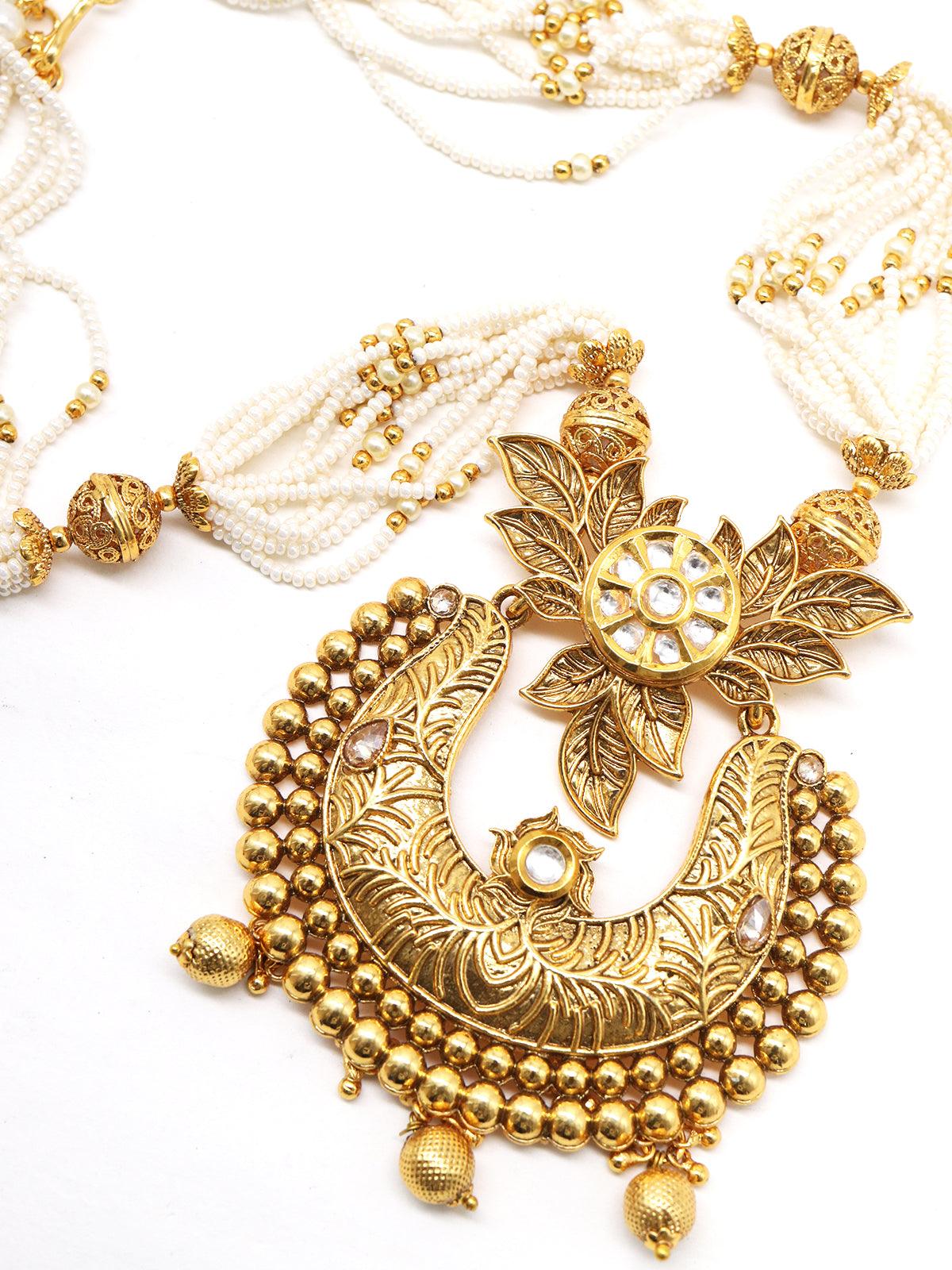 Antique dense faux pearl necklace with earrings - Rajwada
