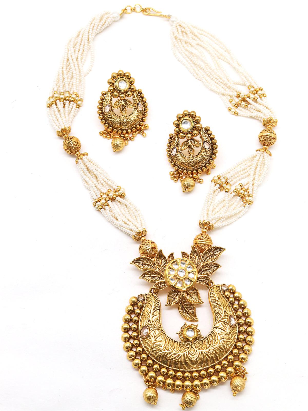 Antique dense faux pearl necklace with earrings - Rajwada