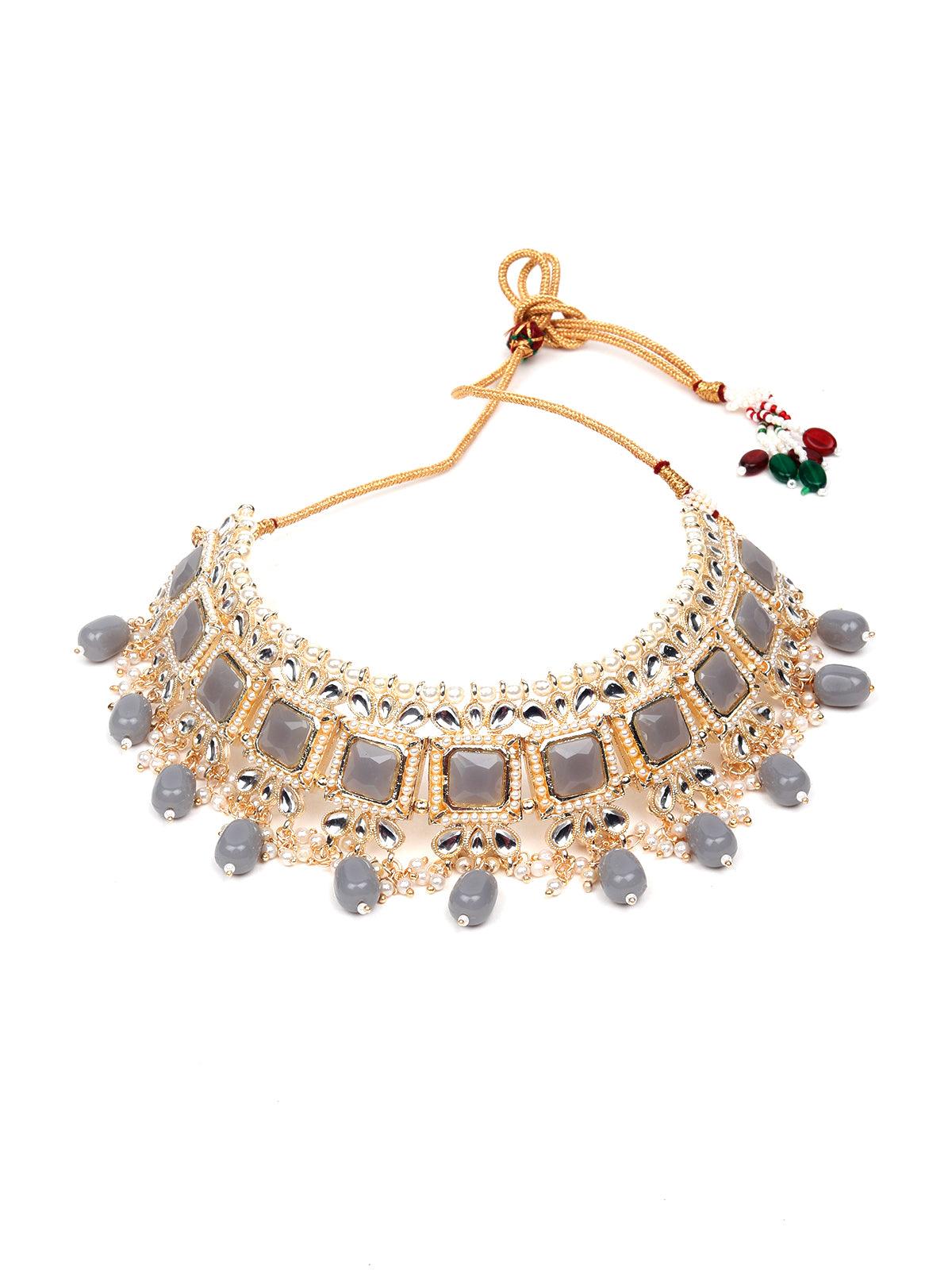 Ash Grey Crystal Embellished Choker Necklace Set - Rajwada