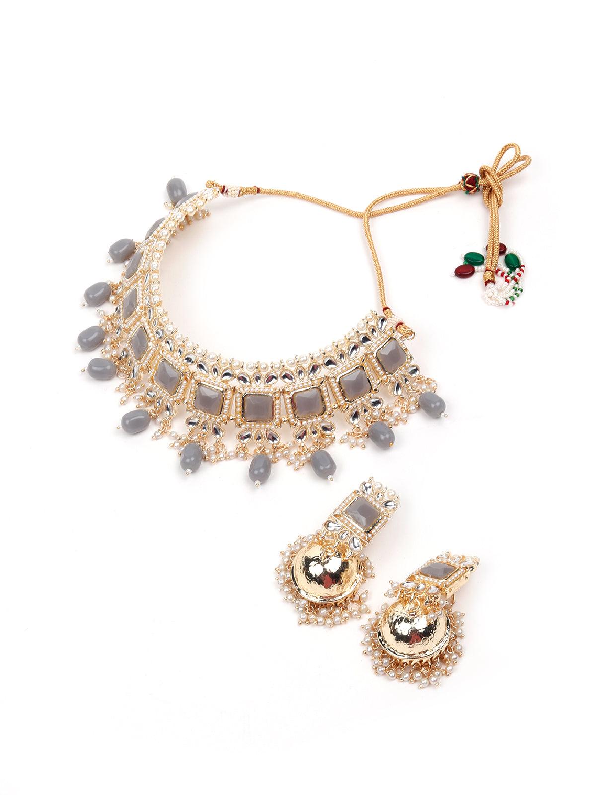 Ash Grey Crystal Embellished Choker Necklace Set - Rajwada