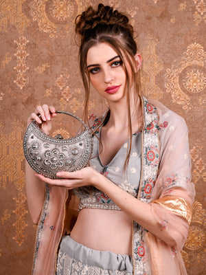 Rajwada Women Silver Metallic Clutch Bag