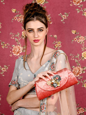 Rajwada Women Mauve Velvet Bridal Clutch Bag