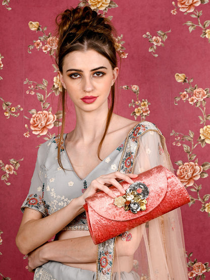 Rajwada Women Mauve Velvet Bridal Clutch Bag