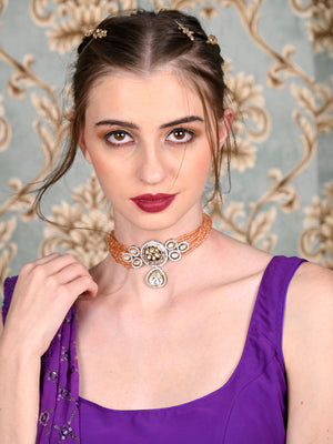 Rajwada Women Silver And Peach Choker Necklace And Drop Earring Set