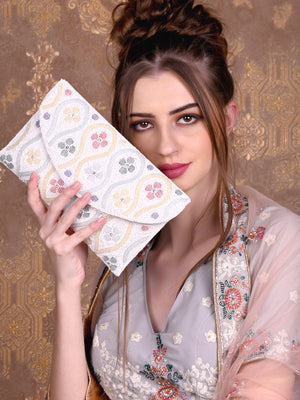 Rajwada Women White Cutdana Embroidered Clutch Bag
