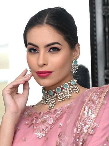 Attractive Sea Green and Pink Choker Necklace Set - Rajwada