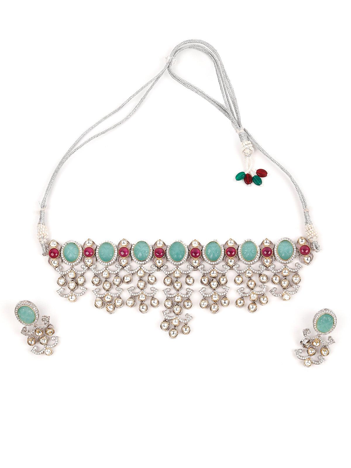 Attractive Sea Green and Pink Choker Necklace Set - Rajwada