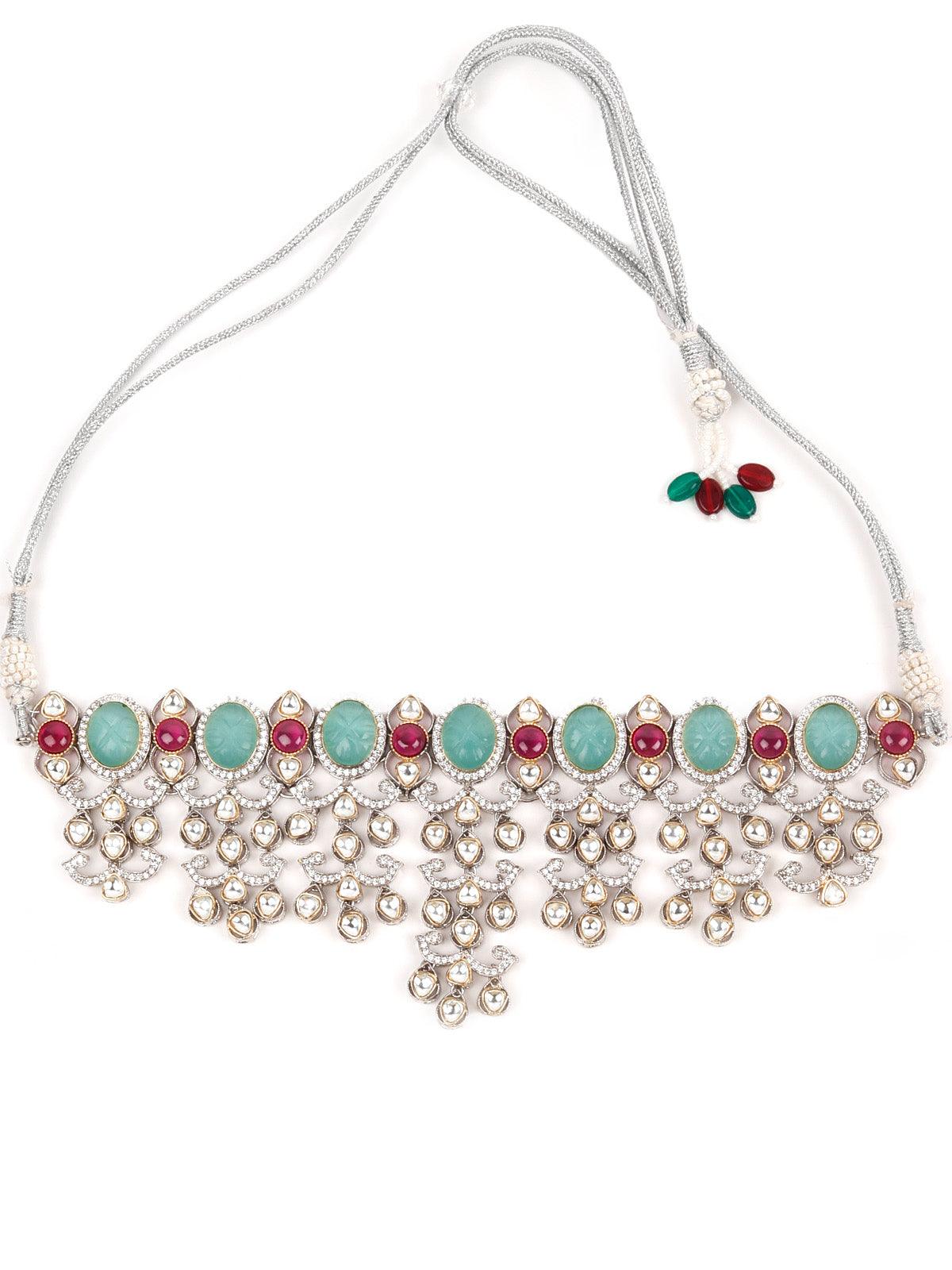 Attractive Sea Green and Pink Choker Necklace Set - Rajwada
