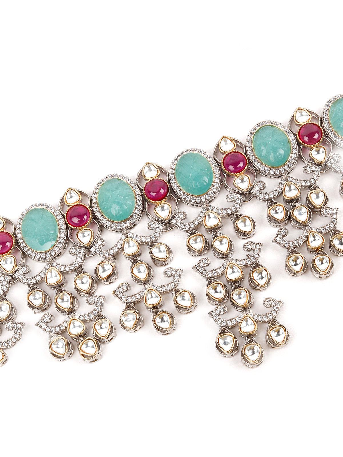 Attractive Sea Green and Pink Choker Necklace Set - Rajwada