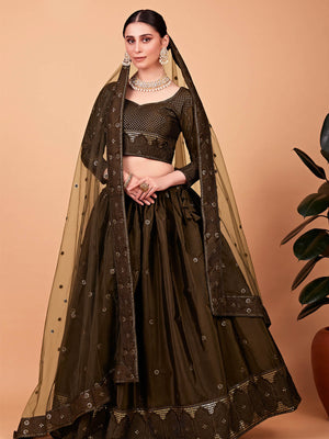 Rajwada Women Designer Olive Green Silk Blend Semi Stitched Lehenga With Unstitched Blouse