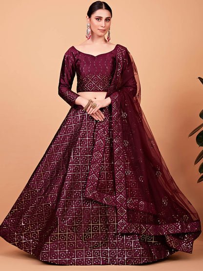 Rajwada Women Maroon Designer Semi Stitched Lehenga With Unstitched Blouse