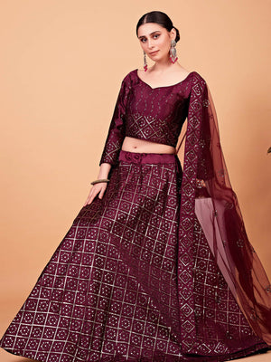 Rajwada Women Maroon Designer Semi Stitched Lehenga With Unstitched Blouse