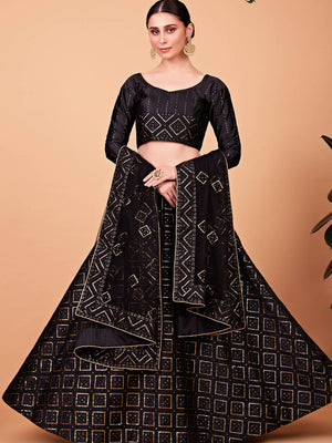 Rajwada Women Fashionable Black Embroidered Semi Stitched Lehenga With Unstitched Blouse