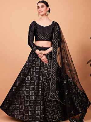 Rajwada Women Fashionable Black Embroidered Semi Stitched Lehenga With Unstitched Blouse